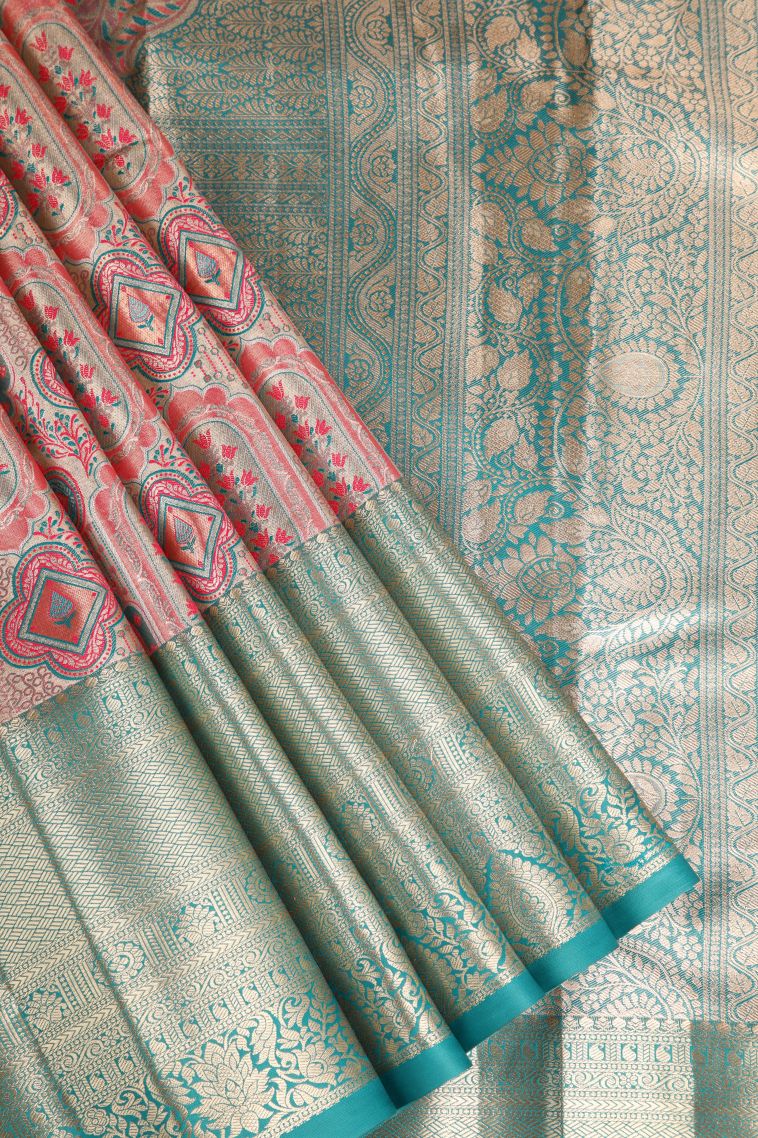 Salmon Pink Apoorva Silk Sarees Gold Zari with Floral Patterns