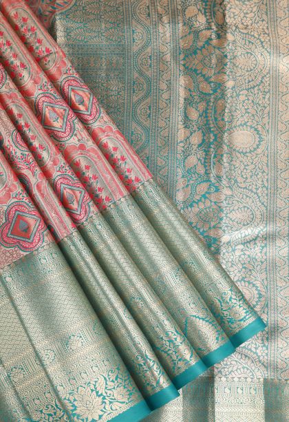 Salmon Pink Apoorva Silk Sarees Gold Zari with Floral Patterns