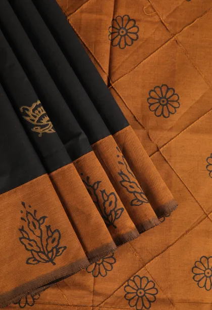 Asphalt Black Poly Cotton Sarees Without Zari With Floral Puttas
