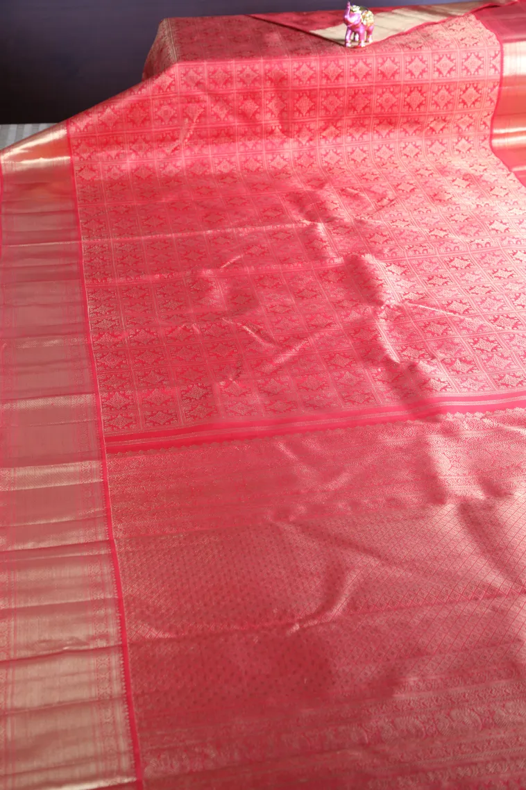 Rose Red Kanchipuram Silk Sarees with Gold Zari Floral Patterns view 2