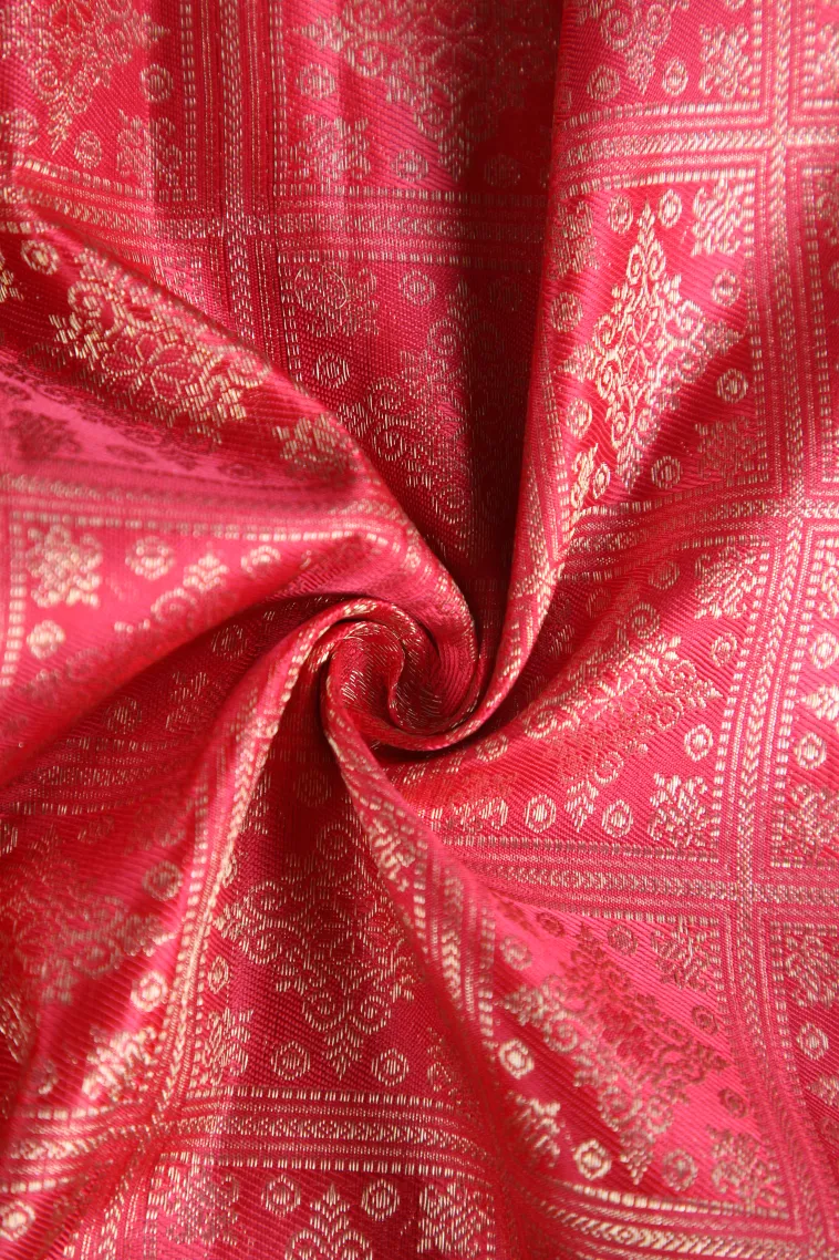 Rose Red Kanchipuram Silk Sarees with Gold Zari Floral Patterns view 4