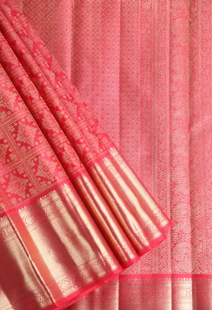 Rose Red Kanchipuram Silk Sarees with Gold Zari Floral Patterns
