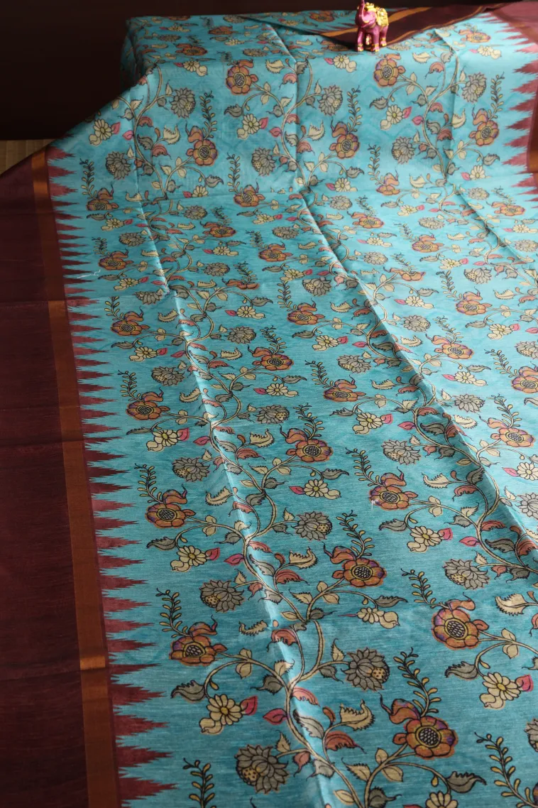 Sky Blue Tussar Saree with Gold Zari Floral Patterns view 2