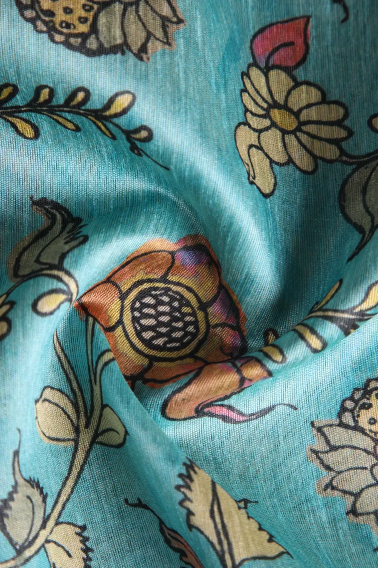 Sky Blue Tussar Saree with Gold Zari Floral Patterns view 4