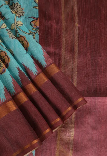 Sky Blue Tussar Saree with Gold Zari Floral Patterns