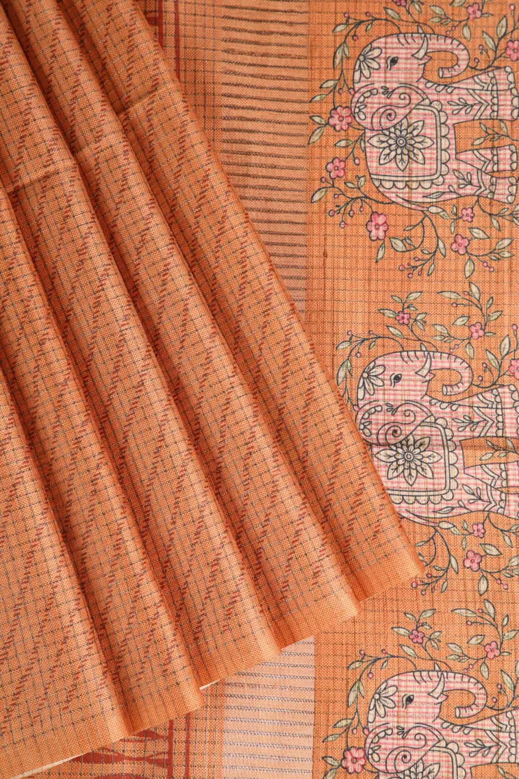 Cream White Tussar Saree Without Zari With Animal Mottif