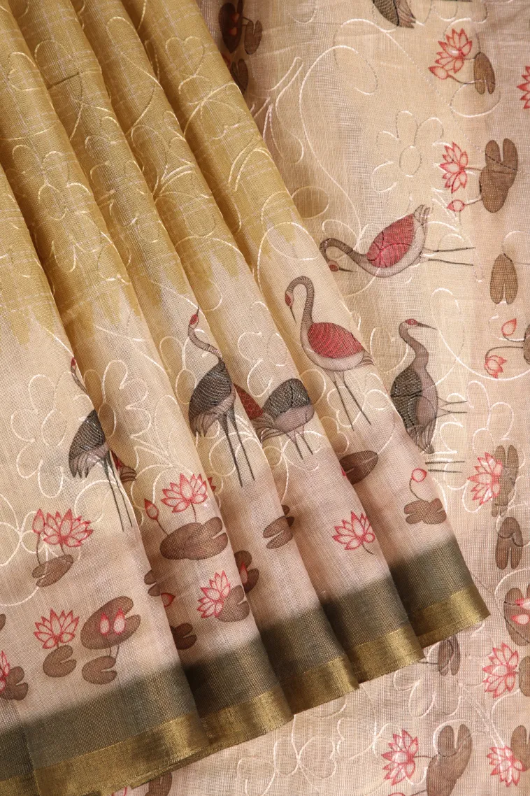 Sand Yellow Linen Saree Without Zari With Embroidary