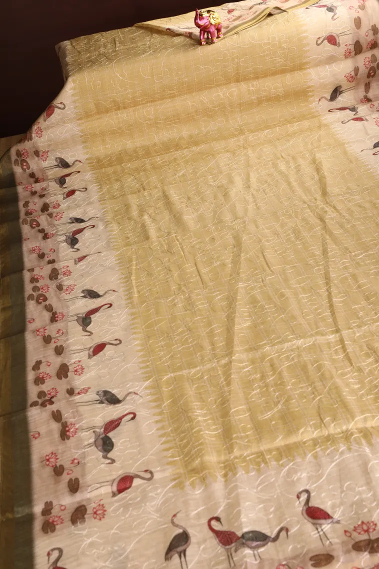 Sand Yellow Linen Saree Without Zari With Embroidary view 2