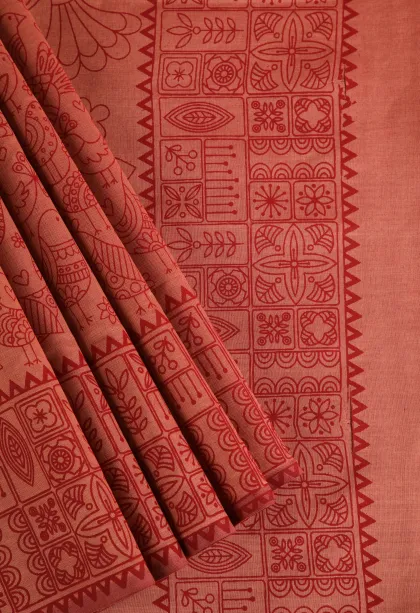 Blush Red Poly Cotton Sarees Without Zari With Floral Patterns