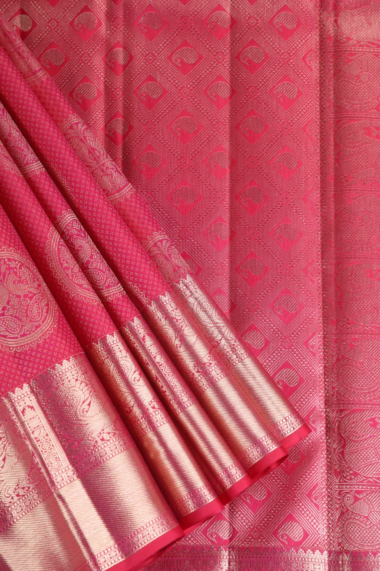 Punch Pink Kanchipuram Silk Sarees with Gold Zari Peacock Motifs view 1