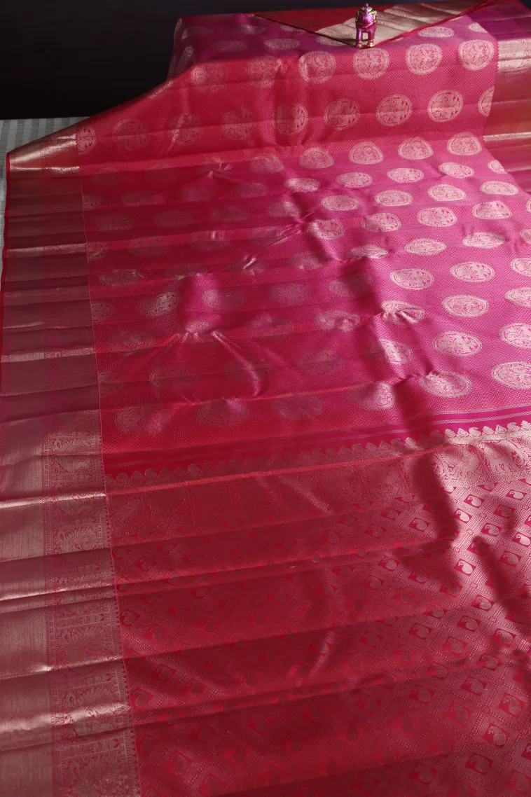 Punch Pink Kanchipuram Silk Sarees with Gold Zari Peacock Motifs view 2