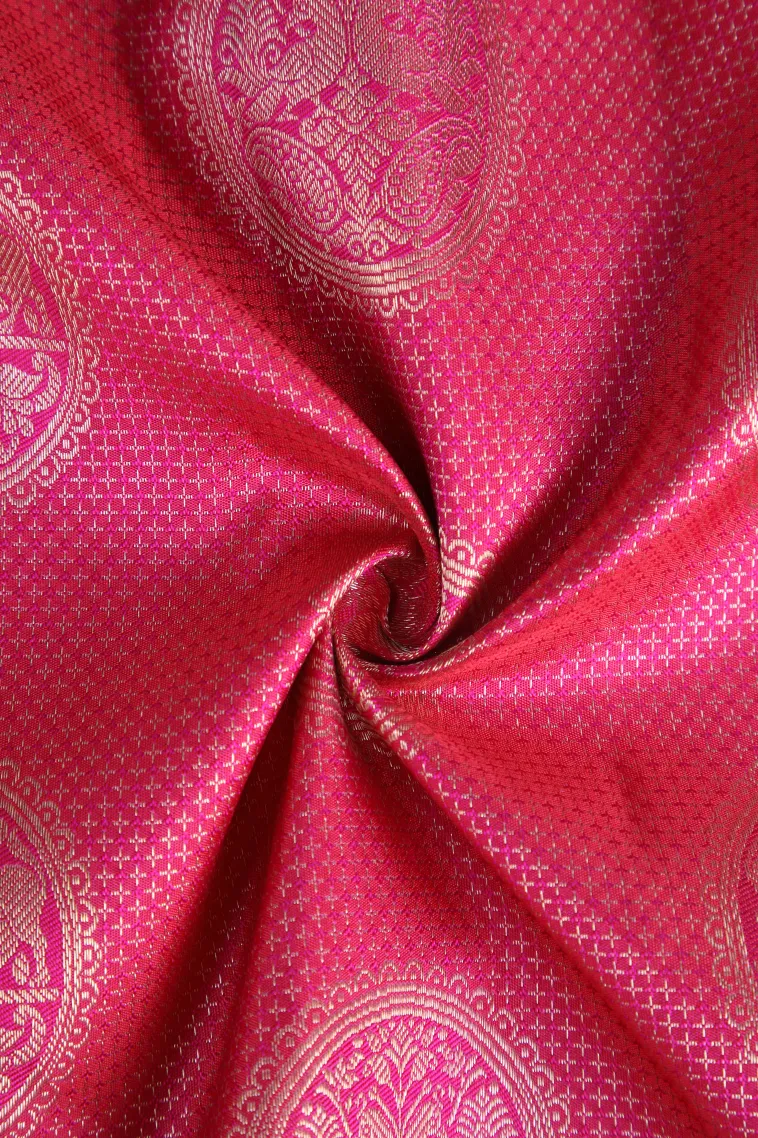 Punch Pink Kanchipuram Silk Sarees with Gold Zari Peacock Motifs view 4