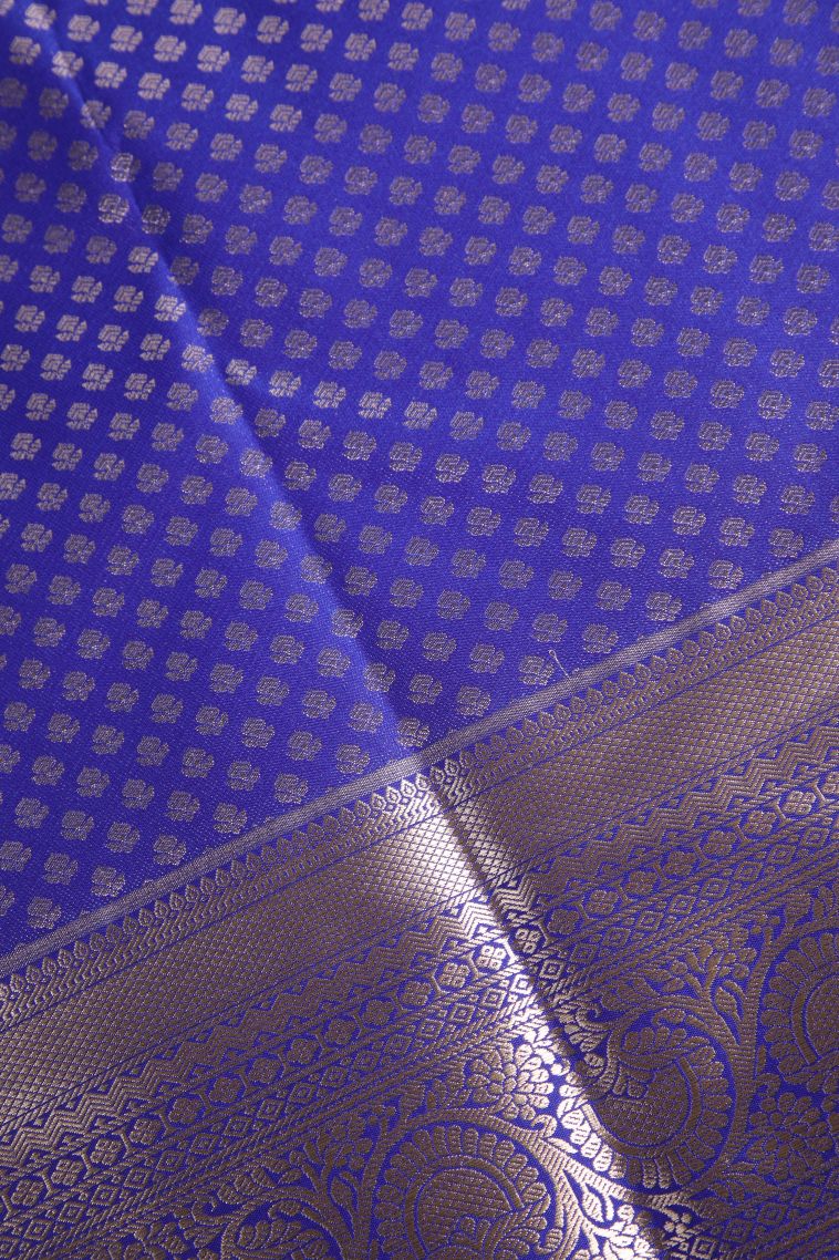 Cobalt Blue Apoorva Silk Sarees Silver Zari with Floral Patterns view 3