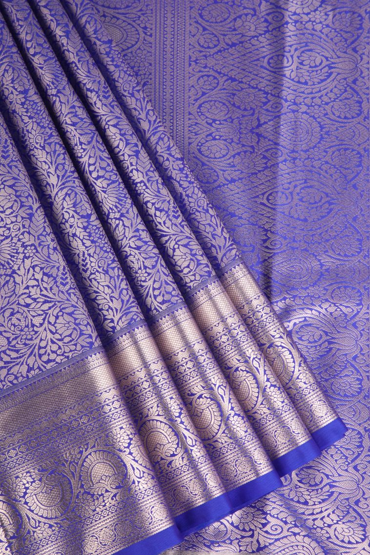 Cobalt Blue Apoorva Silk Sarees Silver Zari with Floral Patterns