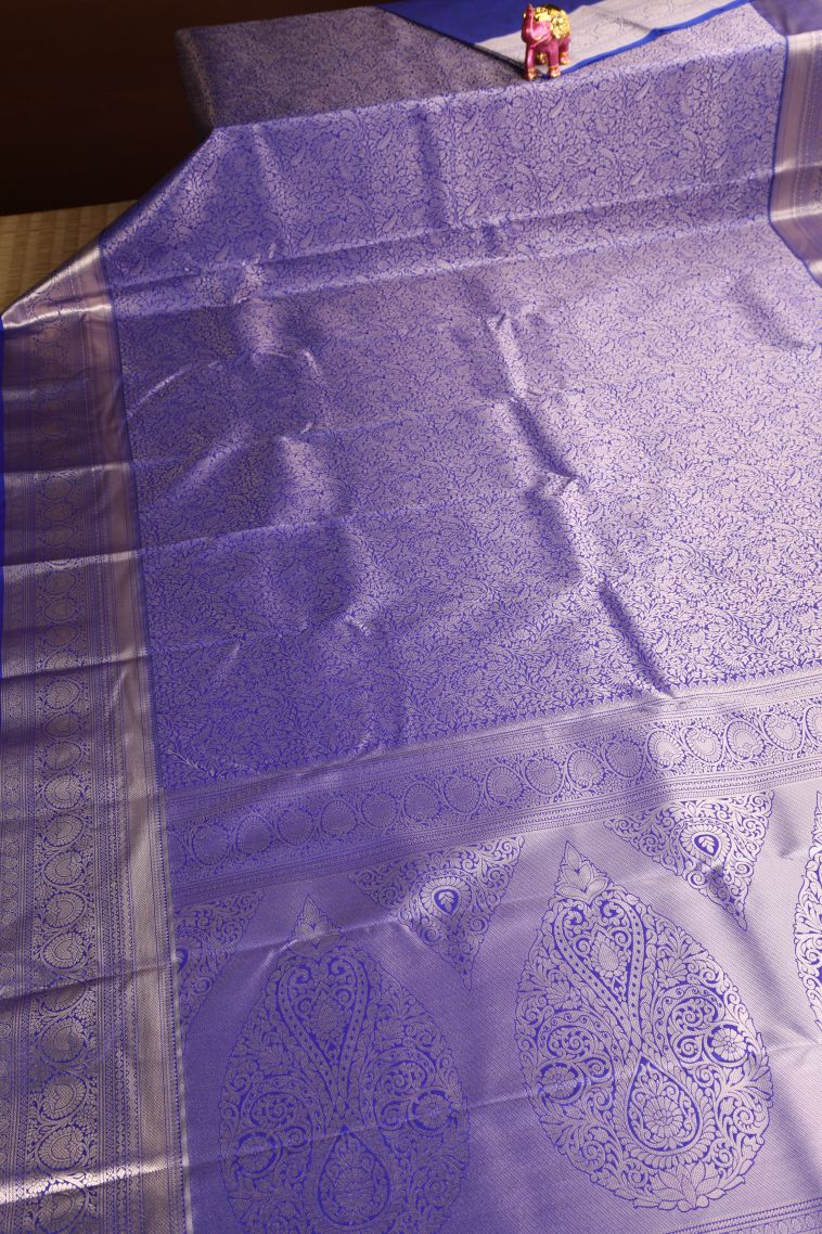 Cobalt Blue Apoorva Silk Sarees Silver Zari with Floral Patterns view 2
