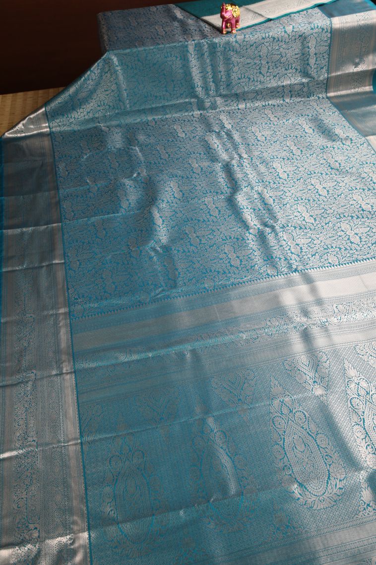 Ocean Blue Apoorva Silk Sarees Gold Zari with Floral Patterns view 2