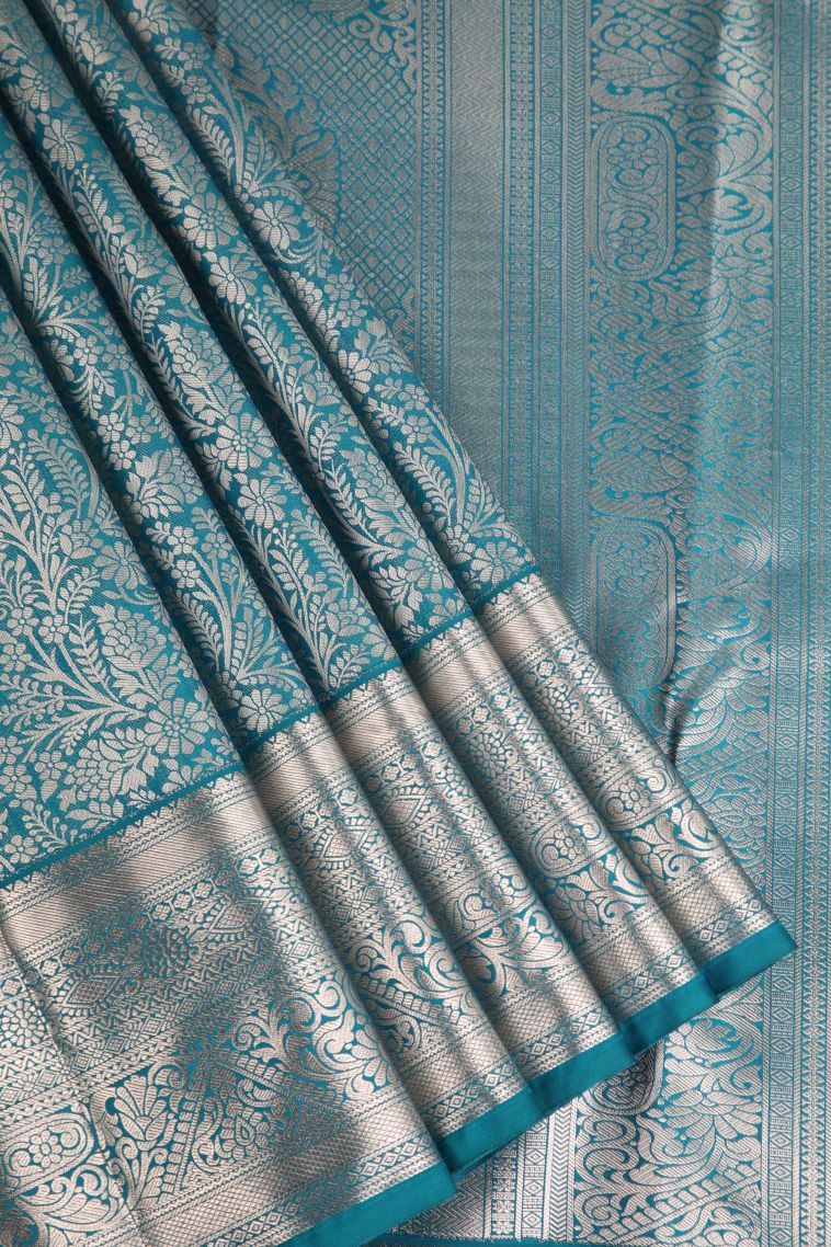 Ocean Blue Apoorva Silk Sarees Gold Zari with Floral Patterns