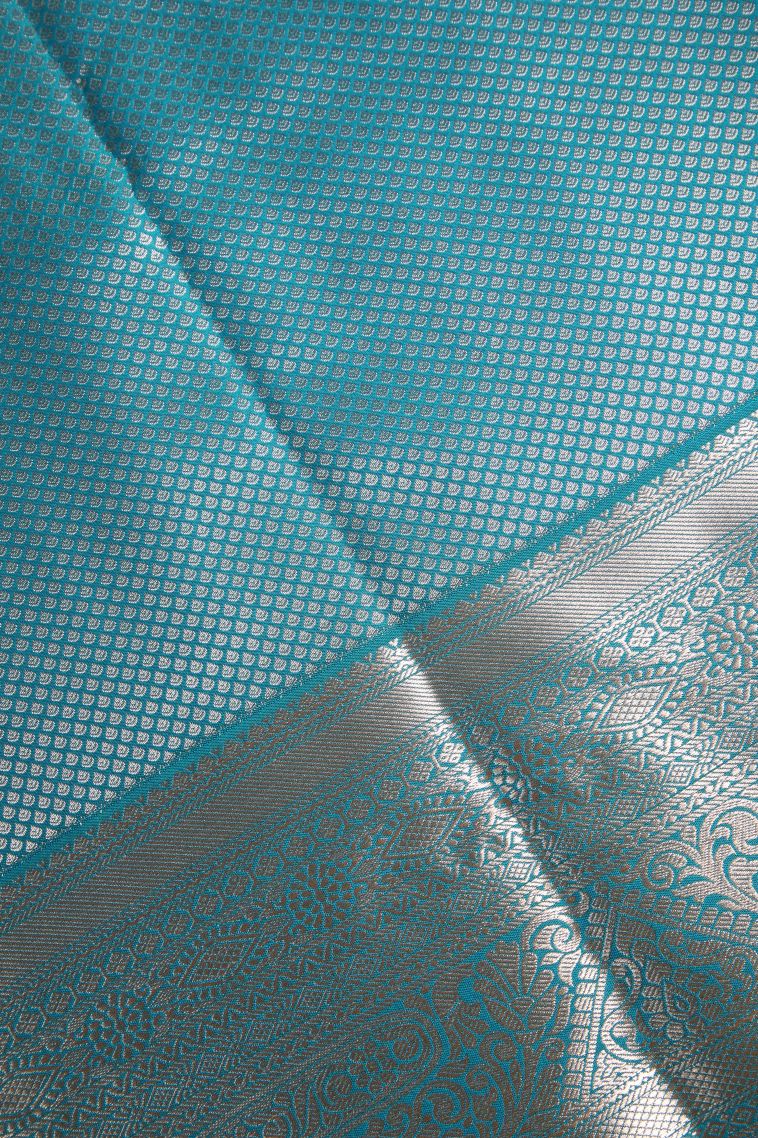 Ocean Blue Apoorva Silk Sarees Gold Zari with Floral Patterns view 3