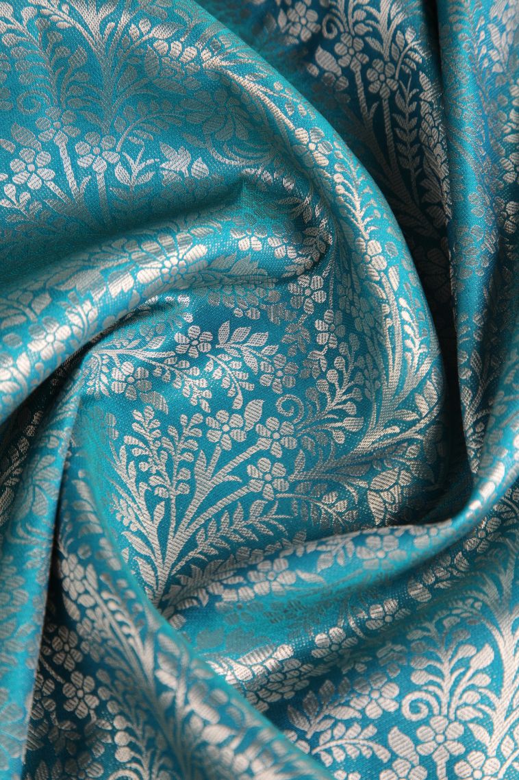 Ocean Blue Apoorva Silk Sarees Gold Zari with Floral Patterns view 4