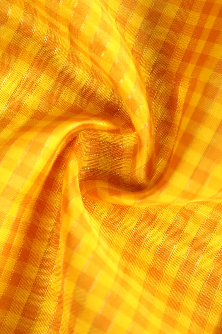 Lemon Yellow Kanchipuram Silk Sarees with Gold Zari Small Checks Pattern view 4