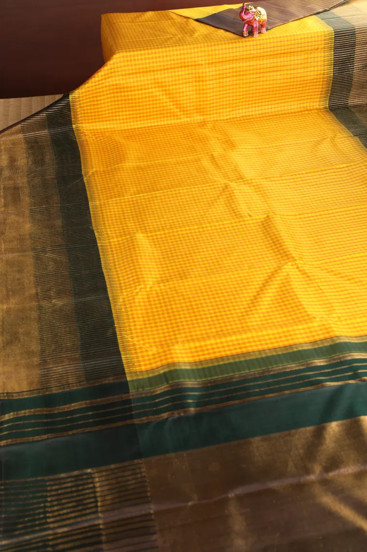 Lemon Yellow Kanchipuram Silk Sarees with Gold Zari Small Checks Pattern view 2