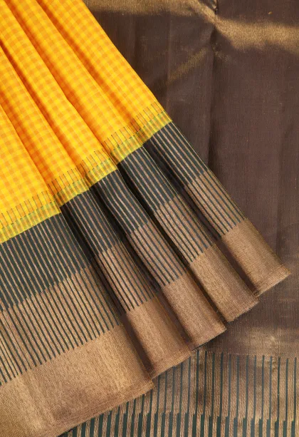 Lemon Yellow Kanchipuram Silk Sarees with Gold Zari Small Checks Pattern
