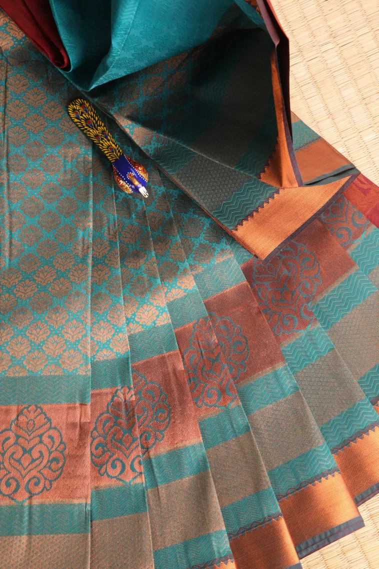 Teal Blue Visiri Madippu Silk Sarees with Copper Zari Floral Patterns
