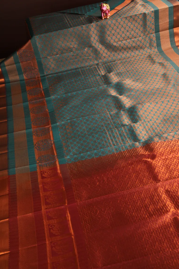 Teal Blue Visiri Madippu Silk Sarees with Copper Zari Floral Patterns view 2