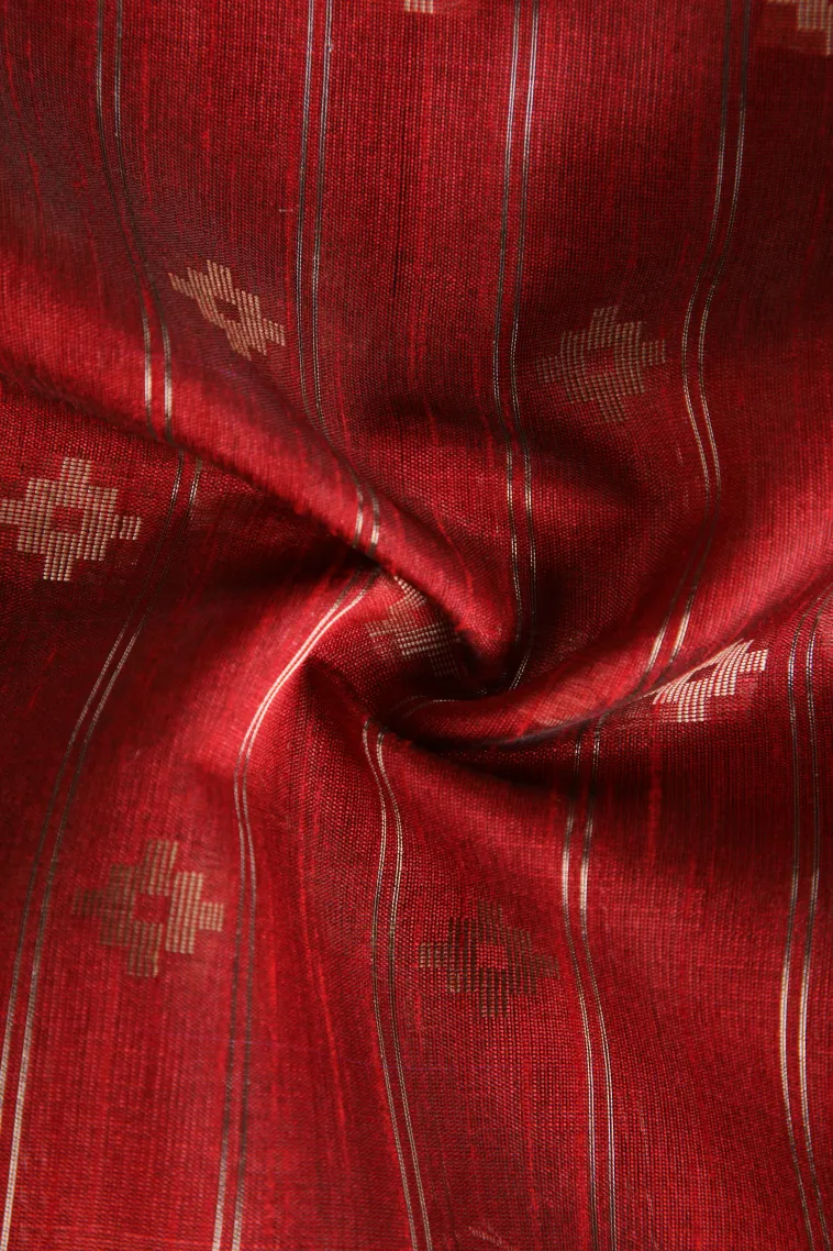 Cherry Red Raw Silk Sarees with Gold And Silver Zari Straipes And Puttas view 4