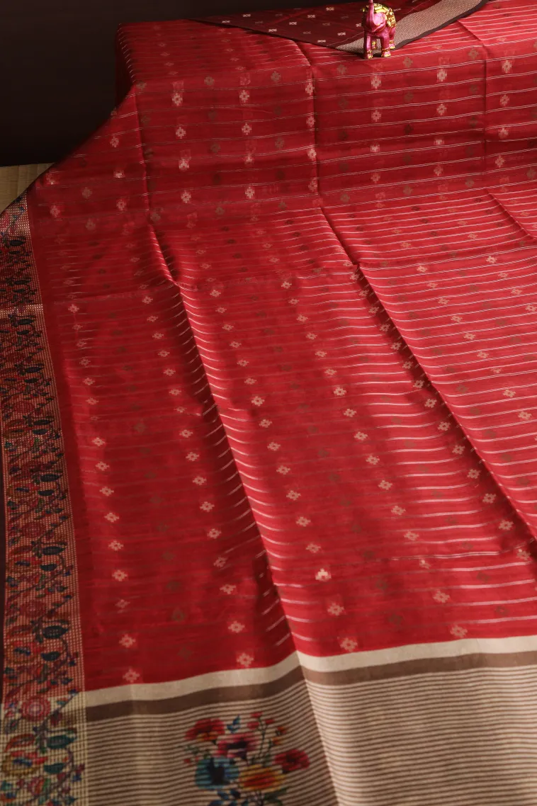 Cherry Red Raw Silk Sarees with Gold And Silver Zari Straipes And Puttas view 2