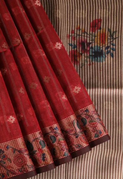 Cherry Red Raw Silk Sarees with Gold And Silver Zari Straipes And Puttas