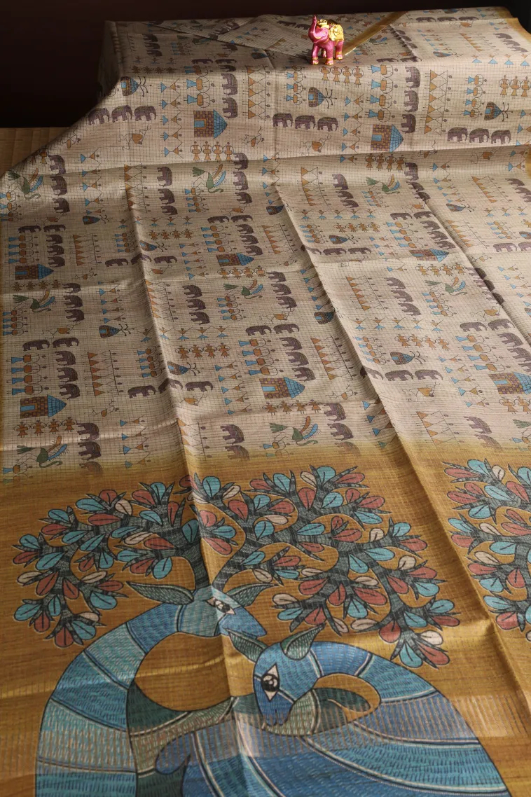 Lace White Tussar Saree Without Zari With Kalam Kari Pattern view 2