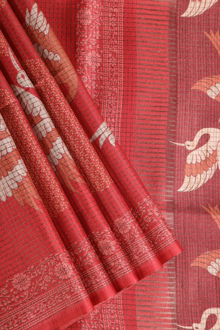 Candy Red Tussar Saree Without Zari With Birds Mottif