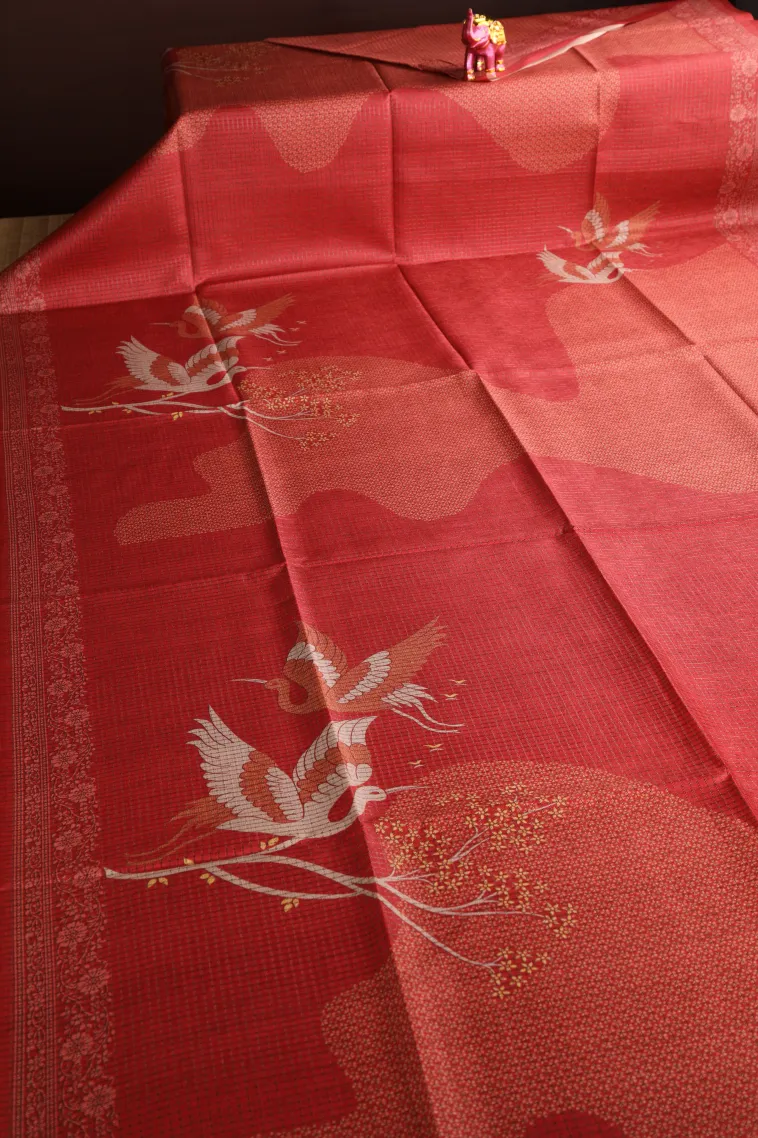 Candy Red Tussar Saree Without Zari With Birds Mottif view 2