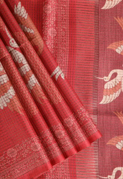 Candy Red Tussar Saree Without Zari With Birds Mottif