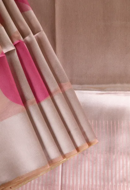 Lemonade Pink Jute Sarees with Silver Zari Geometric Shapes