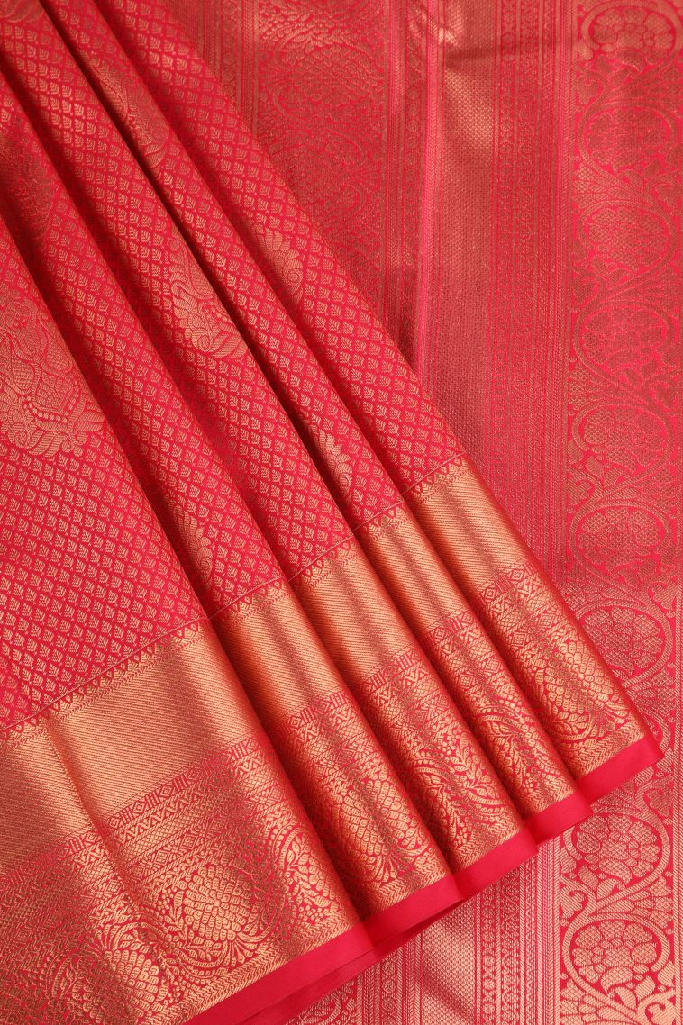 Rose Red Apoorva Silk Sarees with Copper Zari Floral Puttas