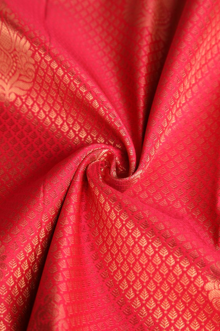 Rose Red Apoorva Silk Sarees with Copper Zari Floral Puttas view 4
