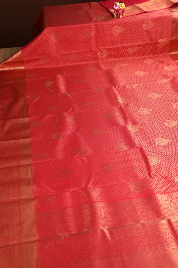 Rose Red Apoorva Silk Sarees with Copper Zari Floral Puttas view 2