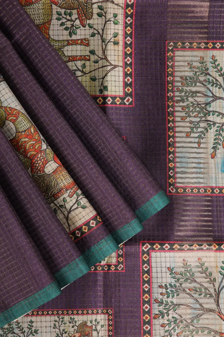 Mulberry Purple Tussar Saree Without Zari With Animal Mottif