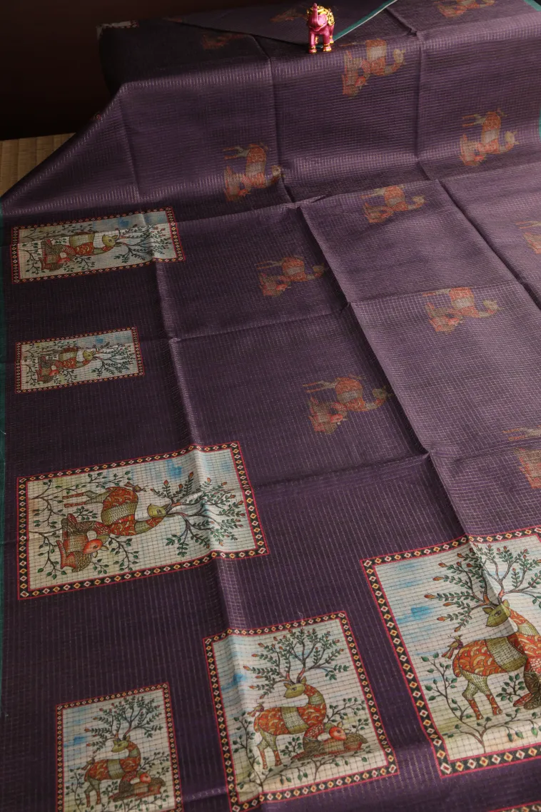 Mulberry Purple Tussar Saree Without Zari With Animal Mottif view 2