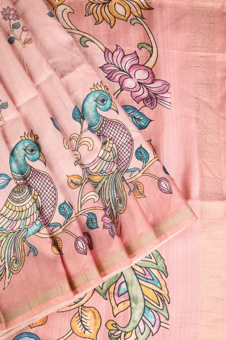 Peach Pink Jute Sarees Without Zari With Floral Patterns view 1