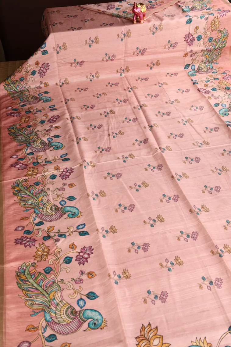 Peach Pink Jute Sarees Without Zari With Floral Patterns view 2