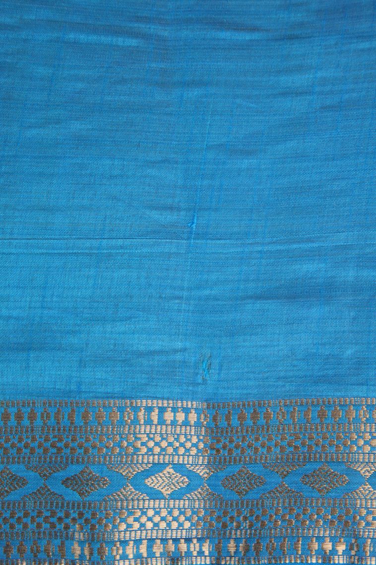 Cerulean Blue Raw Silk Sarees Gold Zari with Plain view 3