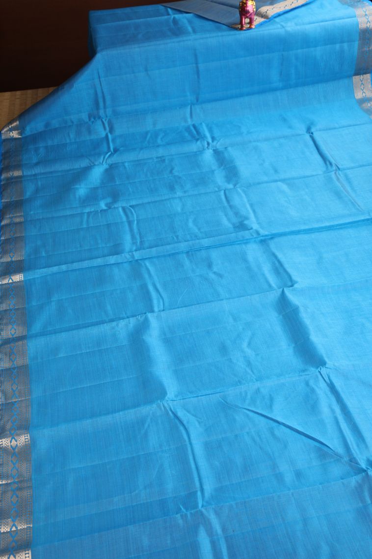 Cerulean Blue Raw Silk Sarees Gold Zari with Plain view 2