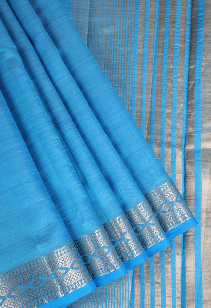 Cerulean Blue Raw Silk Sarees Gold Zari with Plain