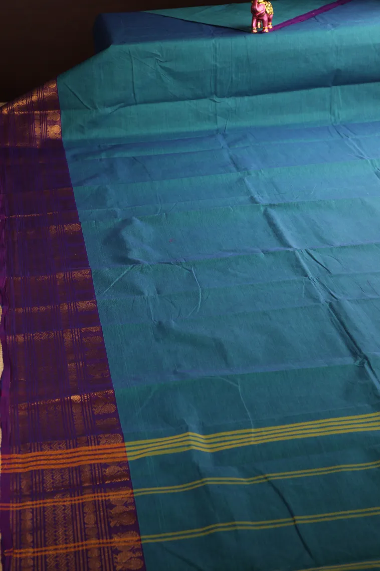 Teal Blue Chettinad Cotton Sarees with Gold Zari Plain view 2