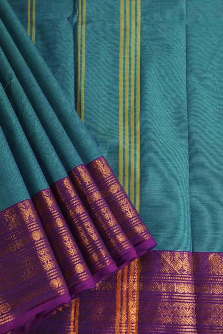 Teal Blue Chettinad Cotton Sarees with Gold Zari Plain view 1