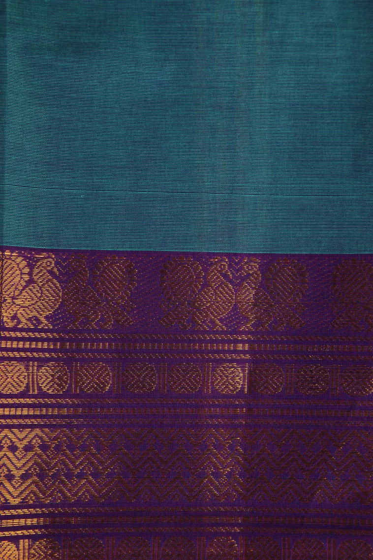 Teal Blue Chettinad Cotton Sarees with Gold Zari Plain view 3