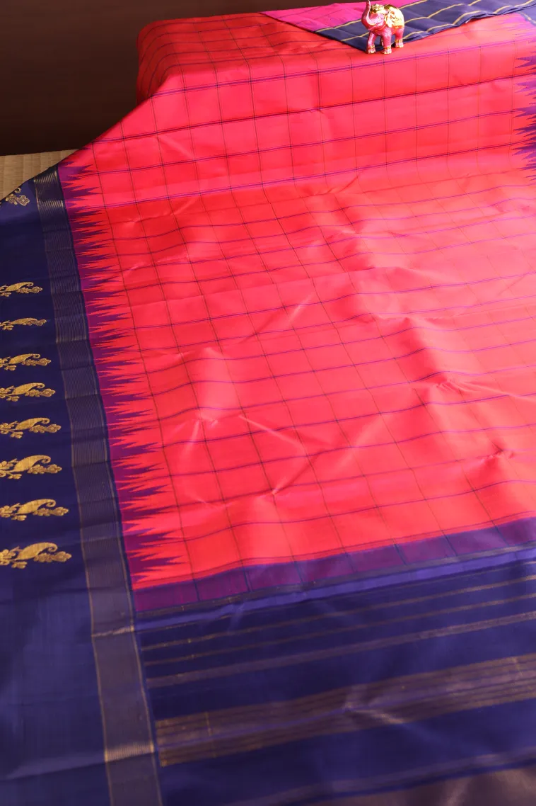 Fuscia Pink Kanchipuram Silk Sarees with Gold Zari Checks view 2